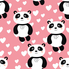 Obraz premium Seamless pattern with cute panda baby on color background. Funny asian animals. Card, postcards for kids. Flat vector illustration for fabric, textile, wallpaper, poster, gift wrapping paper.