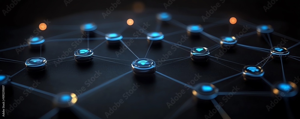 Poster digital user icons connected by glowing lines, representing social media and internet networks, dark
