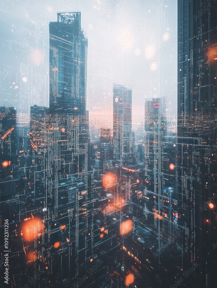 Poster wide image of abstract city background with digial grid and mesh. web, network, map and information 
