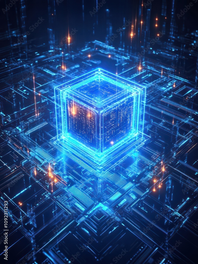 Poster wide computer icon hologram on dark blue background. digital transformation concept. 3d rendering