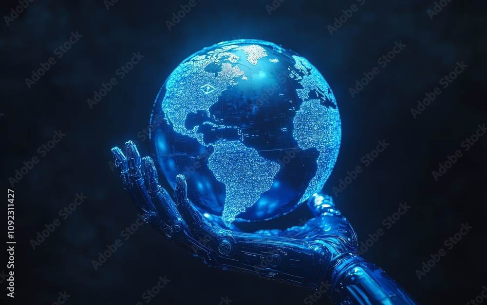 Aufkleber future technology and artificial intelligence concept with digital blue robotic hand holding a world