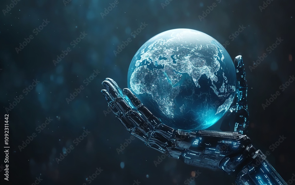 Aufkleber future technology and artificial intelligence concept with digital blue robotic hand holding a world