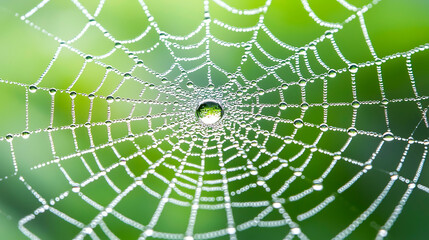 Obraz premium macro photo of dewdrops on spiderweb, showcasing intricate details and vibrant green background. delicate web glistens with droplets, creating serene atmosphere