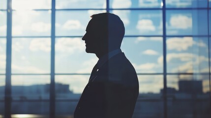 Fototapeta premium Innovative businessman presenting business plans, close up, focus on, copy space, Double exposure silhouette with cuttingedge technology interfaces