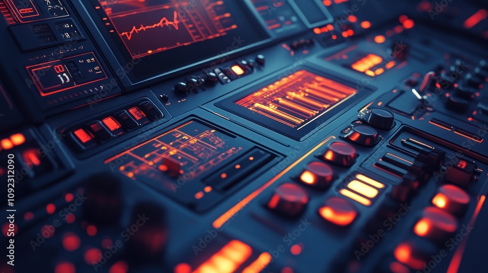 Poster Futuristic Control Panel With Illuminated Interface Displays