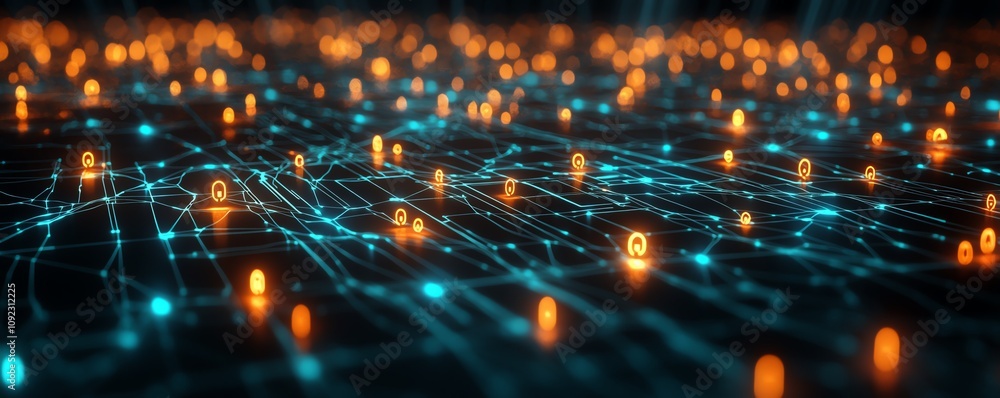 Poster social media and internet network visualization with glowing digital user icons on dark background, 
