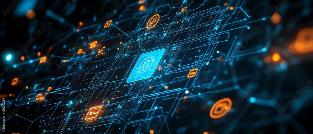 Poster social media network connection concept with glowing digital user icons and data flow on a dark tech