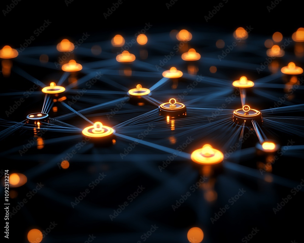 Poster social media network connection concept with glowing digital user icons and data flow on a dark tech