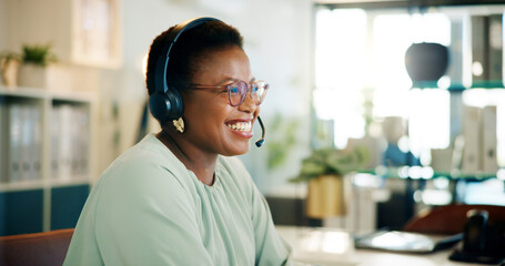 Laughing, agent or black woman in call center for consulting, questions or loan advice. Smile,...