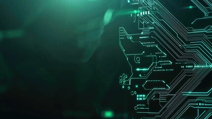 Naklejka premium Abstract green circuit board design with glowing lines on dark background.