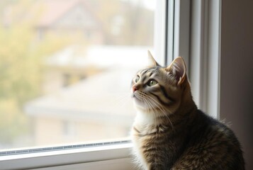 Naklejka premium _. Cat gazing out a window A cat sitting by a window, looking ou