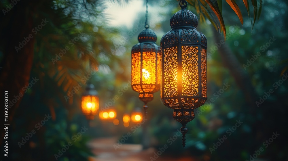 Poster intricate lanterns with arabesque patterns and enchanting light