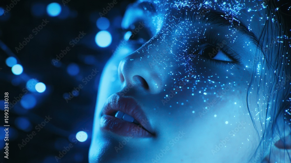 Poster a vision of the future and digital transformation shows an abstract lighting guide in blue cyberspac