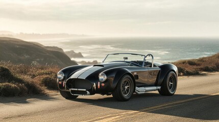 A classic sports car parked on a scenic coastal road.