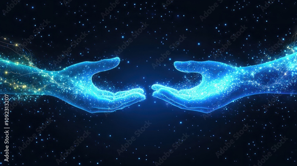 Poster abstract background of hands touching digital transformation virtual screen. technology connection d