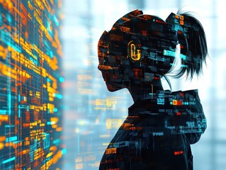 CEO in modern office setting discussing economic growth, close up, focus on, copy space, Double exposure silhouette with digital data streams