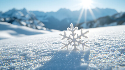 macro shot of snowflake resting on snowy surface, surrounded by mountains and sunlight. intricate details of snowflake are highlighted against bright backdrop