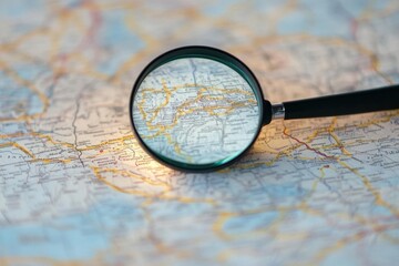A magnifying glass over a map, emphasizing exploration and detail.