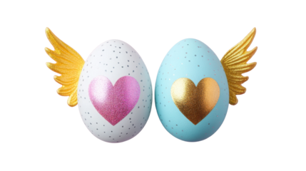 Whimsical decorative eggs with hearts and golden wings, symbolizing love and celebration. Perfect for festive occasions and Easter isolated on white or transparent background png