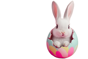Cute rabbit emerging from an Easter egg, symbolizing spring and celebration. Perfect for festive themes and seasonal decorations isolated on white or transparent background png