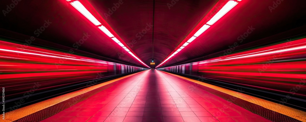 Poster dynamic subway tunnel with vibrant red lights and blurred motion effect.