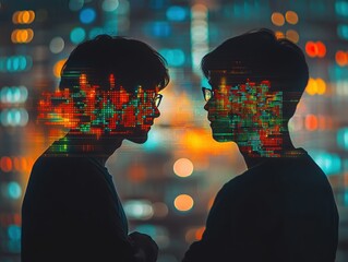 Young entrepreneurs strategizing for national business expansion, close up, focus on, copy space, Double exposure silhouette with digital financial graphs