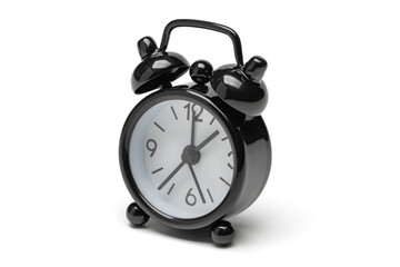 black retro alarm clock isolated on white background.