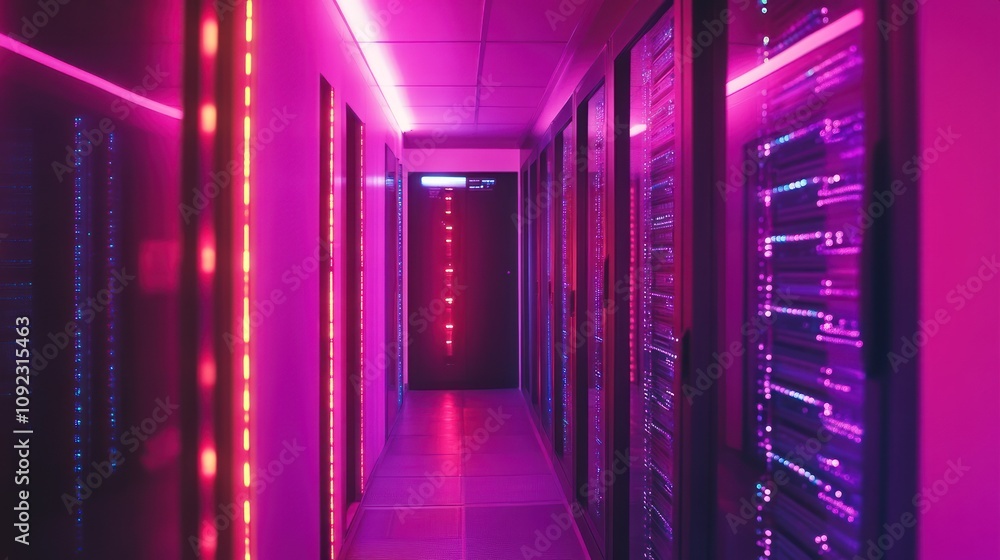 Poster neon lit server room corridor with data racks