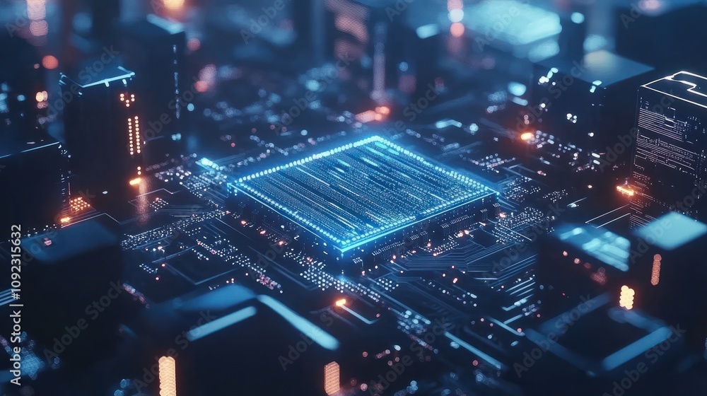 Poster cpu is receiving and processing data on blue circuit board