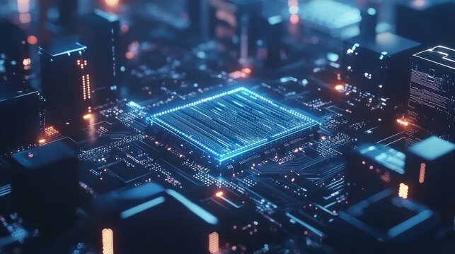 Cpu is receiving and processing data on blue circuit board