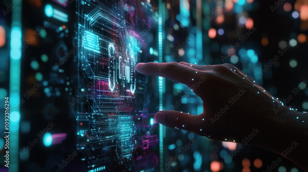 Poster digital technology, internet network connection concept. finger touching on virtual screen with futu