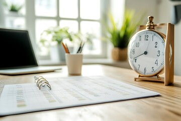 Office Desk With Planner Clock And Laptop