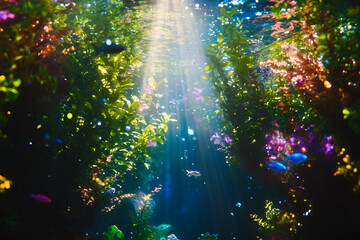 Underwater scene with vibrant colors and sunlight rays filtering through aquatic plants and fish