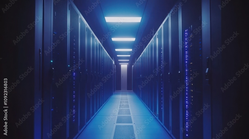 Poster Illuminated Server Room Corridor Showing Data Storage Systems
