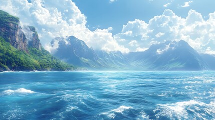 Fototapeta premium Scenic panorama of the deep azure sea, waves gently rippling towards a distant rocky coastline. The rugged mountains rise sharply, under a sky painted with soft, wispy clouds, atmospheric lighting,