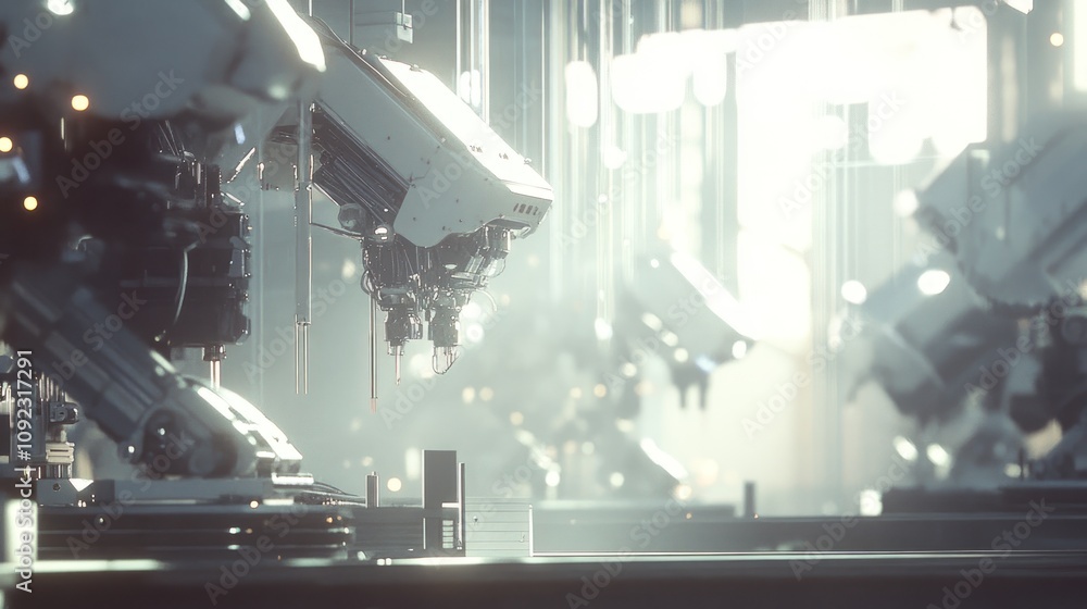 Poster futuristic robotic arms assemble products in factory