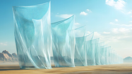 An Engaging Cartoonish Representation of Morocco's Unique Fog Collection System Integrated into Desert Landscapes