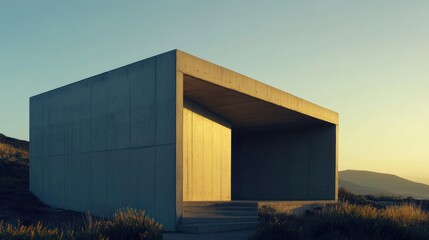 Minimalist Concrete Shelter at Sunset
