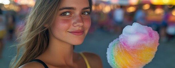 National Cotton Candy Day, Young Woman Enjoying Colorful Cotton Candy at Fair