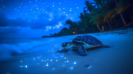 Fototapeta premium A Magical Night of Loggerhead Sea Turtle Nesting on a Sandy Beach Beneath a Starry Sky in the Indian Ocean