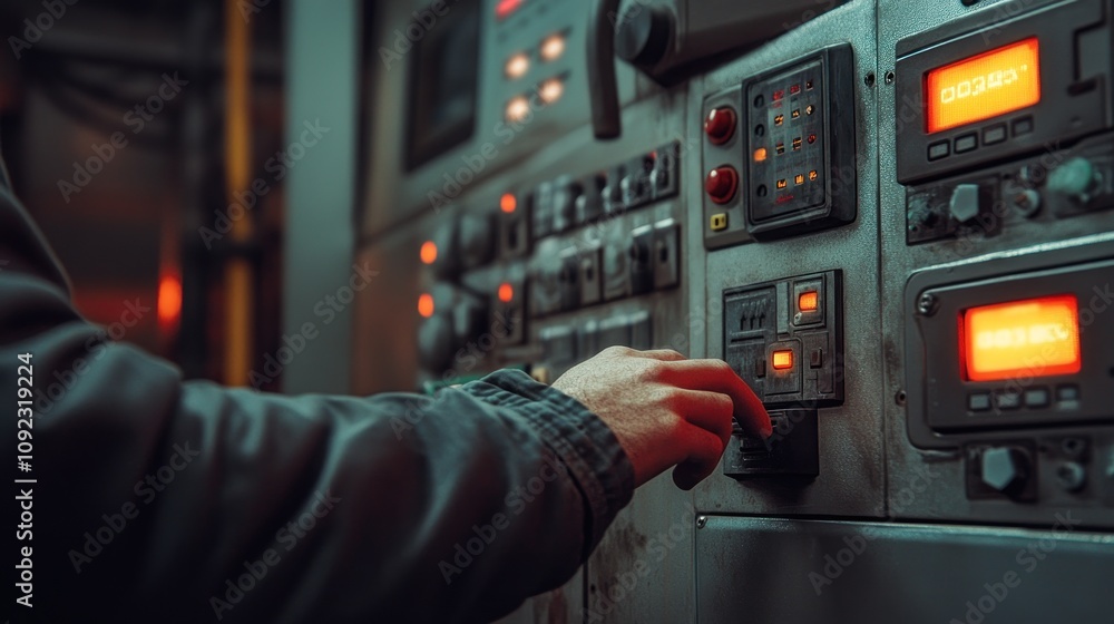 Poster worker operating industrial control panel inside a factory