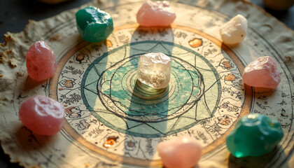 Fototapeta premium Crystal healing grid based on sacred geometry featuring Spiral on aged paper surrounded by colorful crystals 