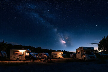 Rvs and campers parked under a starry night sky embracing adventure and freedom outdoors