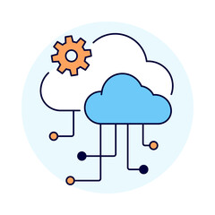 Cloud Computing Icon – Cloud with Gears and Connections, Representing Data Storage, Networking, and Digital Transformation