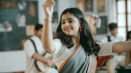 Indian student girl learning traditional dance forms in a cultural education class, promoting heritage and arts.
