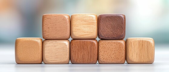 Stacked wooden blocks of various shades, forming a step-like structure against a blurred background.