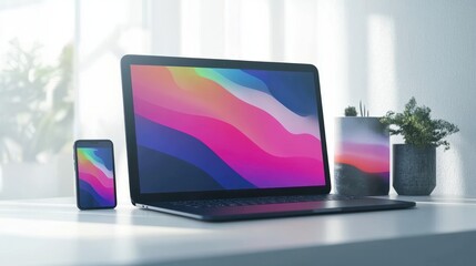 Fototapeta premium Laptop with phone and tablet pc on white table