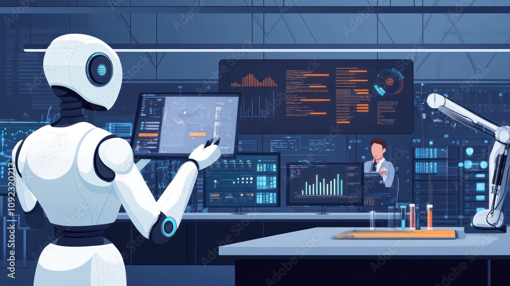 Poster robot and scientist working together in a futuristic lab