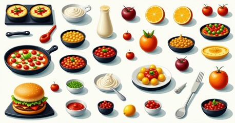 Colorful Assortment of Healthy Foods and Meals Including Fruits and Vegetables