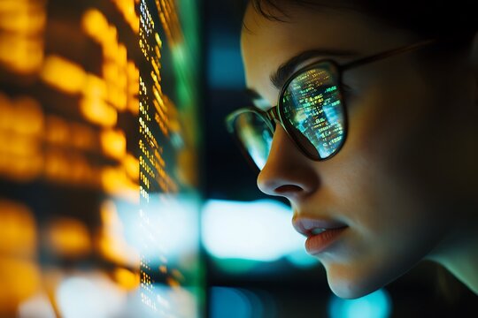 Woman Programmer Studying Code On Screen